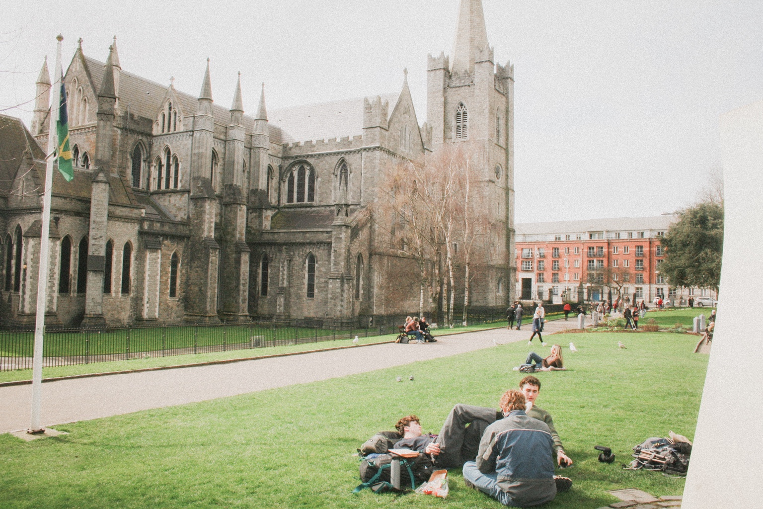 Friends gathered outside a historic church
